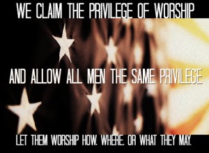 The flag of the United States with a quote about religious freedom.