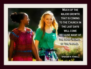 Two Mormon sister missionaries walking and a quote from Spencer Kimball about growth of the Mormon Church.